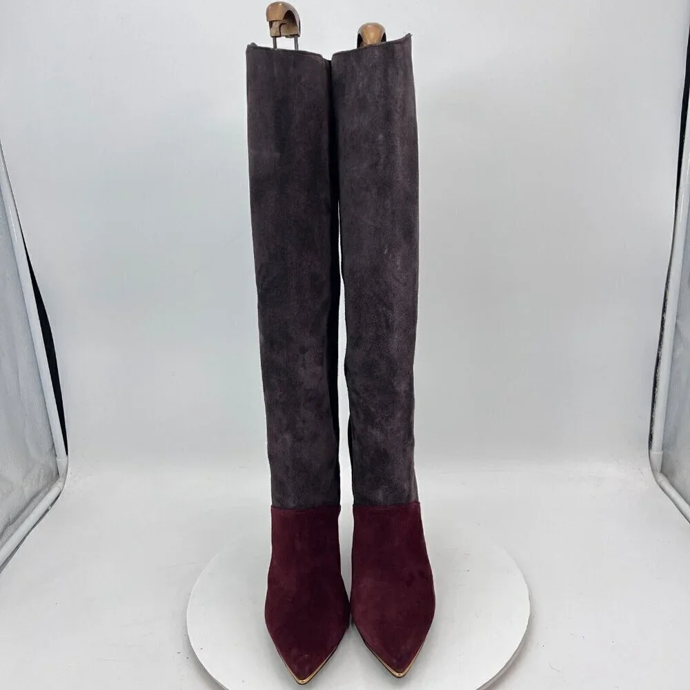 Tory Burch Lila 90mm Women Size 6M Burgundy Grey Black Suede Knee High Boot